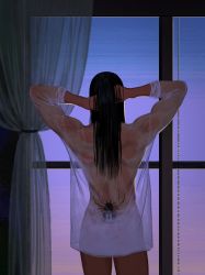 Rule 34 | 1boy, arms up, back tattoo, black hair, bottomless, cowboy shot, curtains, facing away, from behind, gradient sky, hands in hair, hands on own head, highres, hunter x hunter, illumi zoldyck, indoors, kuhuo, long hair, long sleeves, male focus, number tattoo, see-through, see-through shirt, shirt, sky, solo, spider tattoo, standing, straight hair, tattoo, toned, toned male, twilight, white shirt, window