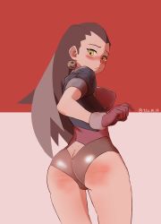 Rule 34 | 1girl, absurdres, artist name, artist request, ass, blush, breasts, brown hair, butt crack, cameltoe, earrings, from behind, gloves, green eyes, highres, jewelry, large breasts, leotard, long hair, looking back, looking down, mega man (series), mega man legends (series), red ass, shiny clothes, sideboob, solo, spanked, tears, tron bonne (mega man), very long hair
