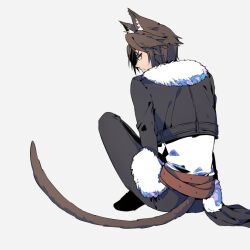 Rule 34 | 1boy, animal ears, belt, black jacket, black pants, blue eyes, brown hair, cat boy, cat day, cat ears, cat tail, commentary, cropped jacket, crossed legs, facing away, fermium.ice, final fantasy, final fantasy viii, full body, fur-trimmed jacket, fur trim, glaring, grey background, highres, jacket, kemonomimi mode, leather belt, light frown, long sleeves, looking back, male focus, multiple belts, pants, shirt, short hair, simple background, sitting, solo, squall leonhart, tail, waist cape, white fur, white shirt