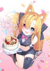 Rule 34 | + +, 1girl, :d, animal ears, birthday cake, black bow, black socks, blonde hair, blue eyes, blush, boots, bow, breasts, cake, chitetan, collared shirt, commentary request, confetti, dated, dress shirt, food, fox ears, fox girl, fox tail, from above, grey footwear, grey vest, hair between eyes, hair bow, hair ornament, happy birthday, heterochromia, holding, holding plate, kneehighs, long hair, looking at viewer, looking up, medium breasts, multicolored hair, open mouth, original, pink bow, pink hair, plate, purple eyes, shirt, single thigh boot, sleeveless, sleeveless shirt, smile, socks, solo, streaked hair, tail, thigh boots, very long hair, vest, white background, white shirt