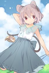 Rule 34 | 1girl, adapted costume, akagashi hagane, animal ears, arm up, basket, capelet, grey hair, mouse (animal), mouse ears, mouse tail, nazrin, pendulum, red eyes, short hair, sleeveless, solo, tail, touhou