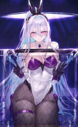 Rule 34 | 1girl, absurdres, against glass, animal ears, azur lane, black gloves, breast press, breasts, breasts on glass, fake animal ears, gloves, highres, kearsarge (all night charge) (azur lane), kearsarge (azur lane), large breasts, leotard, long hair, looking at viewer, pantyhose, playboy bunny, purple eyes, qiandaiyiyu, solo, thigh strap, thighs, white hair
