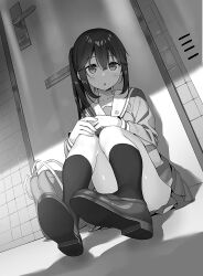 Rule 34 | 1girl, :o, apartment, ass, bag, blush, commentary request, crossed bangs, door, door handle, dot nose, emblem, full body, greyscale, hair between eyes, hand rest, hands on own cheeks, hands on own face, kantoku, kneehighs, knees to chest, knees up, loafers, long bangs, looking at viewer, looking to the side, monochrome, official art, on floor, otonari-san (sasaki to p-chan), own hands together, parted lips, pleated skirt, sasaki to p-chan, school bag, school uniform, serafuku, shadow, shoe soles, shoes, side ponytail, sitting, skirt, socks, solo, thighs, tile wall, tiles, toes up