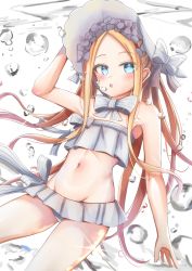 Rule 34 | 1girl, abigail williams (fate), abigail williams (swimsuit), abigail williams (swimsuit foreigner) (fate), air bubble, bare shoulders, bikini, blonde hair, blue eyes, blush, bonnet, bow, braid, breasts, bubble, fate/grand order, fate (series), forehead, hair bow, hair rings, highres, long hair, looking at viewer, minertime, miniskirt, navel, open mouth, parted bangs, sidelocks, skirt, small breasts, solo, swimsuit, thighs, twin braids, twintails, underwater, very long hair, white bikini, white bow, white headwear