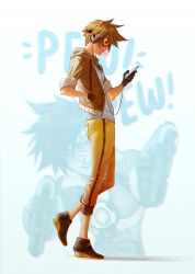 Rule 34 | 1girl, adapted costume, brown hair, blowing bubbles, casual, cellphone, chewing gum, full body, gloves, goggles, headphones, highres, jacket, overwatch, overwatch 1, phone, smartphone, solo, tracer (overwatch), whispwill