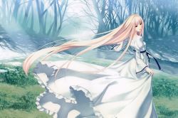 Rule 34 | 1girl, absurdres, blonde hair, breasts, caucasus, clothes lift, grass, highres, long hair, looking at viewer, nanatsuki shion, open mouth, red eyes, ribbon, skirt, skirt lift, small breasts, solo, sugina miki, tree, very long hair