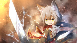 Rule 34 | 1girl, :d, animal ear fluff, animal ears, anime coloring, ascot, belt, belt buckle, black belt, black coat, buckle, burning, coat, coreytaiyo, electricity, fang, fighter (7th dragon), fire, grey hair, hair between eyes, harukara (7th dragon), highres, holding, holding sword, holding weapon, jewelry, long sleeves, looking away, military, military uniform, open mouth, original, pendant, smile, smoke, solo, sword, textless version, uniform, v-shaped eyebrows, weapon, white ascot, yellow eyes