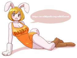 Rule 34 | 1girl, animal ears, animal hands, artist request, bare shoulders, blonde hair, boots, breasts, brown eyes, brown footwear, carrot (one piece), cleavage, dress, furry, furry female, gloves, large breasts, one piece, open mouth, orange dress, paw gloves, rabbit, rabbit ears, rabbit girl, rabbit tail, short dress, short hair, solo, speech bubble, tail, watermark, web address
