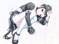 Rule 34 | 1girl, apron, black dress, black eyes, black hair, bow, collar, cuffs, dress, hair bow, handcuffs, highres, long sleeves, lying, maid, maid apron, mary janes, on side, original, panties, pantyshot, shoes, short hair, solo, thighhighs, underwear, wallpaper, white panties, white thighhighs, yousisi