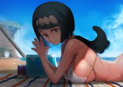 Rule 34 | 1girl, absurdres, beach, bikini, bikini top only, blue eyes, blue hair, blue sky, breasts, bright pupils, closed mouth, creatures (company), day, fingers together, from side, game freak, highres, horizon, lana&#039;s mother (pokemon), large breasts, long hair, looking at viewer, low ponytail, lying, mature female, nintendo, on stomach, outdoors, own hands together, pokemon, pokemon sm, shade, sideboob, sky, smile, solo, swept bangs, swimsuit, tianzhong zhongtian, white bikini, white pupils