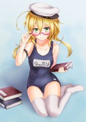 Rule 34 | 10s, 1girl, anti (untea9), blonde hair, blush, breasts, glasses, green eyes, hat, highres, i-8 (kancolle), kantai collection, long hair, looking at viewer, medium breasts, one-piece swimsuit, personification, red-framed eyewear, rimless eyewear, school swimsuit, sitting, smile, solo, swimsuit, thighhighs, twintails, white thighhighs, yokozuwari