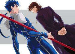 Rule 34 | 2boys, blue hair, brown hair, cross, cross necklace, cu chulainn (fate), fate/stay night, fate (series), gae bolg (fate), jewelry, kotomine kirei, cu chulainn (fate/stay night), multiple boys, necklace, polearm, ponytail, red eyes, spear, sujin, weapon