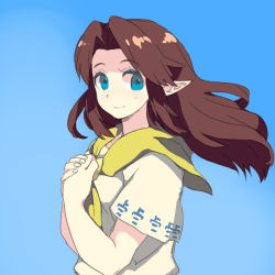 Rule 34 | 1girl, bad id, blue eyes, brown hair, colored eyelashes, elf, long hair, malon, nintendo, peach rock, pointy ears, scarf, smile, solo, the legend of zelda, the legend of zelda: ocarina of time