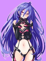 Rule 34 | 1girl, black gloves, black leotard, blue hair, blush, breasts, center opening, cleavage, cleavage cutout, clothing cutout, earrings, elbow gloves, gloves, hair between eyes, hands up, happy, head tilt, highres, interlocked fingers, iris heart, iwashi dorobou -r-, jewelry, kami jigen game neptune v, large breasts, leotard, long hair, looking at viewer, midriff, navel, neptune (series), own hands together, pink eyes, power symbol, power symbol-shaped pupils, purple hair, revealing clothes, smile, solo, symbol-shaped pupils, very long hair