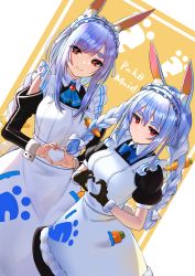 Rule 34 | 2girls, alternate costume, animal ear fluff, animal ears, apron, ascot, black dress, black gloves, blue ascot, blue bow, blue bowtie, blue hair, bow, bowtie, braid, closed mouth, commentary request, dress, enmaided, frilled hairband, frills, gloves, hairband, heart, heart hands, highres, hololive, inari (ambercrown), juliet sleeves, long hair, long sleeves, looking at viewer, maid, mole, mole under mouth, mother and daughter, multiple girls, pekomama, puffy short sleeves, puffy sleeves, rabbit-shaped pupils, rabbit ears, red eyes, short eyebrows, short sleeves, smile, symbol-shaped pupils, thick eyebrows, twin braids, twintails, usada pekora, virtual youtuber, white apron