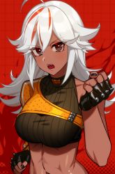 Rule 34 | 1girl, abs, ahoge, black gloves, black nails, breasts, character request, crop top, dark-skinned female, dark skin, fingerless gloves, gloves, highres, large breasts, long hair, looking at viewer, multicolored hair, nail polish, navel, red hair, solo, toned, upper body, white hair, yuura