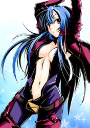 Rule 34 | 1girl, arms up, belt, blue hair, bodysuit, breasts, catsuit, chaps, cleavage, kula diamond, kyo9999, long hair, navel, no bra, open clothes, red eyes, snk, solo, star (symbol), the king of fighters, thighhighs, unzipped, zipper
