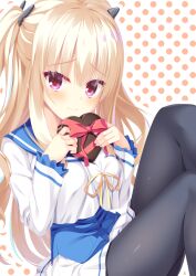 Rule 34 | 1girl, 8kumagawa (log), black pantyhose, blonde hair, blue sailor collar, blush, bow, bra-ban!, breasts, butterfly hair ornament, candy, chocolate, chocolate heart, closed mouth, commentary, eyelashes, fingernails, food, frilled sleeves, frills, furrowed brow, hair ornament, hands up, heart, hibarigaoka yuki, jacket, knees up, large breasts, long hair, long sleeves, looking at viewer, miniskirt, pantyhose, pleated skirt, polka dot, polka dot background, purple eyes, red bow, red ribbon, ribbon, sailor collar, school uniform, sidelocks, simple background, sitting, skirt, smile, solo, thighs, two side up, valentine, very long hair, white background, white jacket, white skirt, yellow ribbon, yuzu-soft