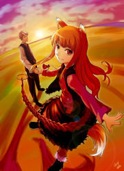Rule 34 | 00s, 1boy, 1girl, animal ears, as109, bad id, bad pixiv id, brown hair, craft lawrence, highres, holo, lens flare, long hair, pants, pouch, red eyes, sketch, skirt, spice and wolf, sunset, tail, vest, wolf ears, wolf tail