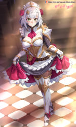 Rule 34 | 1girl, absurdres, armor, armored boots, armored dress, black pantyhose, blush, boots, breasts, checkered floor, cleavage, clothes lift, dress, dress lift, flower, gauntlets, genshin impact, green eyes, hair flower, hair ornament, highres, indoors, large breasts, looking at viewer, maid, maid headdress, noelle (genshin impact), pantyhose, patreon username, pauldrons, red dress, red flower, red rose, rose, short hair, shoulder armor, signature, silver hair, smile, solo, sunlight, thigh boots, thighhighs, vilde loh hocen, white dress, white footwear