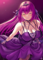 Rule 34 | 1girl, breasts, cleavage, closed eyes, collar, dress, earrings, fate/grand order, fate (series), gloves, gradient background, hair ribbon, jewelry, large breasts, light blush, long hair, purple dress, purple hair, purple ribbon, ribbon, scathach (fate), scathach skadi (fate), see-through, see-through cleavage, smile, solo, strap, tiara
