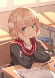 Rule 34 | 1girl, blonde hair, blush, braid, cheek press, classroom, commentary request, desk, dress shirt, french braid, green eyes, grey jacket, grey skirt, hair ornament, hair rings, head rest, highres, indie virtual youtuber, indoors, jacket, long sleeves, looking at viewer, open mouth, pinstripe jacket, pinstripe pattern, pinstripe skirt, pom pom (clothes), pom pom hair ornament, red sailor collar, sailor collar, school, school desk, school uniform, shigure ui (vtuber), shigure ui (vtuber) (1st costume), shirt, short hair, side braid, skirt, sleeve cuffs, solo, striped clothes, striped jacket, striped skirt, sunset, swept bangs, unusablenameaaa, vertical-striped clothes, vertical-striped jacket, vertical-striped skirt, virtual youtuber, white shirt