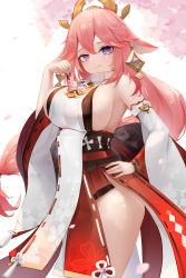 Rule 34 | 1girl, absurdres, bare shoulders, berserker r, blouse, breasts, cherry blossoms, closed mouth, detached sleeves, floral print, genshin impact, hair between eyes, hair ornament, hand on own hip, hand up, heart, heart-shaped pupils, highres, holding, japanese clothes, kimono, large breasts, long hair, long sleeves, looking at viewer, miko, no bra, obi, petals, pink hair, purple eyes, sash, shirt, sideboob, simple background, skindentation, solo, symbol-shaped pupils, thighs, white background, white shirt, wide sleeves, yae miko