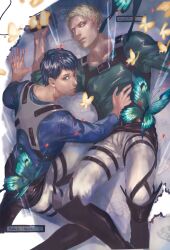 Rule 34 | 2boys, aquiline nose, ashes, belt, bertolt hoover, black hair, blonde hair, boots, brown belt, bug, burnt, butterfly, character name, chest belt, chest strap, collarbone, cropped legs, feet out of frame, glowing butterfly, green eyes, hand on another&#039;s waist, highres, insect, long sleeves, looking afar, lying, male focus, multiple boys, on back, open mouth, pants, partially shaded face, patterned background, reiner braun, shingeki no kyojin, shiny clothes, shiny skin, shirt, short hair, sleeves rolled up, t-shirt, teeth, thigh belt, thigh strap, three-dimensional maneuver gear, toned, toned male, twitter username, upper teeth only, vvv020vvv, white pants, yellow butterfly, yellow eyes