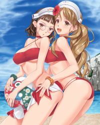 Rule 34 | 10s, 2girls, :d, :o, ass, ball, beachball, bikini, blue sky, blunt bangs, blush, breasts, brown hair, choker, cloud, collarbone, colored eyelashes, criss-cross halter, day, drill hair, floral print, flower, from side, hair flower, hair ornament, halterneck, hand on another&#039;s hip, hat, hibiscus, hobenkei, holding, holding ball, horizon, italia (kancolle), kantai collection, large breasts, light brown hair, littorio (kancolle), long hair, looking at viewer, monocle, multiple girls, open mouth, outdoors, ponytail, red bikini, roma (kancolle), round teeth, sarong, scrunchie, short hair, sky, smile, standing, summer, swimsuit, teeth, thighs, transparent, underboob, white hat, wrist scrunchie