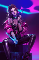 Rule 34 | 1girl, absurdres, black nails, breasts, cleavage, cyberpunk, electronic cigarette, highres, holding, holding knife, knife, leather, leather pants, looking to the side, nail polish, original, pants, purple eyes, purple hair, smoking, solo, sunong