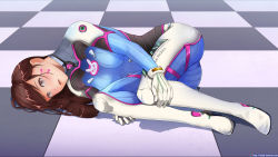 Rule 34 | 1girl, acronym, animal print, bodysuit, bracer, breasts, brown eyes, brown hair, checkered background, checkered floor, clothes writing, d.va (overwatch), facepaint, facial mark, fetal position, full body, gloves, headphones, hibal, high collar, highres, long hair, looking at viewer, lying, medium breasts, on floor, on side, open mouth, overwatch, overwatch 1, pilot suit, pink lips, rabbit print, ribbed bodysuit, shadow, shoulder pads, skin tight, solo, swept bangs, watermark, web address, whisker markings, white gloves