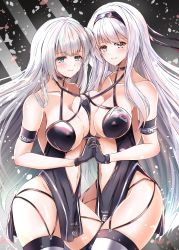 Rule 34 | 2girls, absurdres, alternate costume, armband, ass, azur lane, black dress, black gloves, blue eyes, breast press, breasts, choker, cleavage, collarbone, commentary request, cosplay, covered erect nipples, crossover, dress, eyes visible through hair, eyeshadow, garter straps, gloves, grey eyes, groin, hairband, highres, historical name connection, holding hands, interlocked fingers, kantai collection, kentan (kingtaiki), large breasts, long hair, look-alike, looking at viewer, makeup, mole, mole under eye, multiple girls, name connection, navel, official alternate costume, one side up, race queen, shoukaku (azur lane), shoukaku (kancolle), shoukaku (sororal wings) (azur lane), shoukaku (sororal wings) (azur lane) (cosplay), sidelocks, smile, symmetrical docking, thick thighs, thighs, two-tone legwear, white hair, white legwear