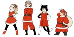 Rule 34 | 4girls, animal ears, arm up, arms behind back, barefoot, bell, black footwear, black gloves, black hair, blonde hair, blush stickers, body fur, boots, braid, braided bangs, cat ears, cat girl, cat tail, christmas, closed eyes, closed mouth, dress, dungeon meshi, dwarf, elf, facing viewer, falin touden, falin touden (tallman), fur-trimmed dress, fur trim, gloves, grey hair, hands on own hips, holding, holding sack, izutsumi, kui ryouko, legs apart, lineup, long hair, looking at viewer, marcille donato, multiple girls, namari (dungeon meshi), pointy ears, ponytail, red dress, red footwear, red hair, sack, santa boots, santa costume, santa dress, short hair, simple background, sleeveless, sleeveless dress, smile, standing, tail, white background