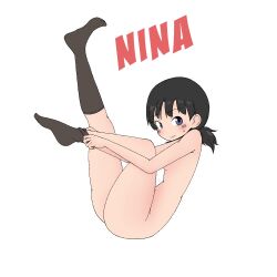 Rule 34 | 1girl, ass, black hair, black socks, blue eyes, blush, breasts, character name, closed mouth, dressing, girls und panzer, guropara, looking at viewer, nina (girls und panzer), nude, short hair, simple background, small breasts, socks, solo, white background
