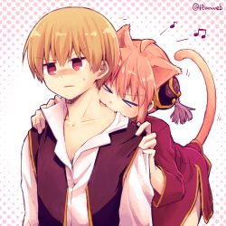 Rule 34 | &gt; &lt;, 1boy, 1girl, a4 (drpnd), ahoge, animal ears, bent over, biting, blonde hair, blush, cat ears, cat tail, collarbone, dress, fangs, gintama, hands on another&#039;s shoulders, head tilt, jitome, kagura (gintama), musical note, okita sougo, orange hair, parted lips, red dress, red eyes, short hair, sweatdrop, tail, twitter username, v-shaped eyebrows
