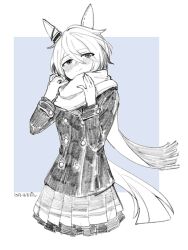 Rule 34 | 1girl, animal ears, blush, closed mouth, commentary request, dated, hair between eyes, hair ornament, highres, horse ears, horse tail, k.s.miracle (umamusume), looking at viewer, monochrome, saramiao-chan, scarf, school uniform, short hair, skirt, smile, solo, tail, tracen school uniform, umamusume