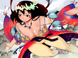 Rule 34 | 1girl, blue eyes, breasts, cleavage, cloud, detached sleeves, facial mark, fingernails, head wreath, igarashi mangou, japanese clothes, jewelry, jumping, large breasts, long fingernails, long hair, magatama, nature, necklace, no bra, outdoors, pants, plump, red hair, sky, smile, solo, yaoyorozu