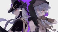 Rule 34 | 2boys, animal hat, back-to-back, black headwear, brown gloves, c3t gg, closed mouth, commentary request, cyno (genshin impact), dark-skinned male, dark skin, egyptian clothes, genshin impact, gloves, grey hair, hair between eyes, hair over one eye, hat, highres, hood, hood up, long hair, male focus, multiple boys, partially fingerless gloves, razor (genshin impact), red eyes, simple background, tassel, upper body