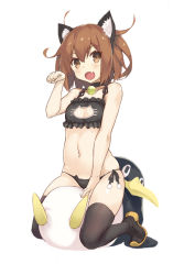 Rule 34 | 10s, 1girl, :o, alternate costume, animal ears, bad id, bad pixiv id, bell, between legs, black footwear, black panties, black thighhighs, breasts, brown hair, cat cutout, cat ear panties, cat ears, cat lingerie, choker, cleavage cutout, clothing cutout, eyebrows, fake animal ears, fang, frills, full body, goekawa, hair between eyes, hairband, hand between legs, ikazuchi (kancolle), jingle bell, kantai collection, kneeling, looking at viewer, meme attire, navel, neck bell, open mouth, panties, paw pose, shoes, short hair, side-tie panties, simple background, small breasts, solo, stomach, stuffed animal, stuffed penguin, stuffed toy, thighhighs, underwear, underwear only, white background