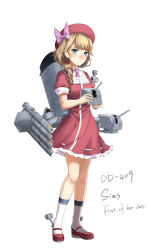 Rule 34 | 1girl, blonde hair, bow, cannon, character name, destroyer, dress, drill hair, full body, green eyes, hat, hat bow, highres, loafers, machinery, mecha musume, military, military vehicle, necktie, original, personification, red dress, red hat, ship, shoes, short sleeves, simple background, smokestack, socks, solo, torpedo, torpedo tubes, turret, united states navy, uss sims (dd-409), warship, watercraft, white background, white socks, yorktown cv-5