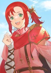 Rule 34 | 1girl, arrow (projectile), belt, blue sky, cloud, day, earrings, fire emblem, fire emblem: mystery of the emblem, green eyes, hair ornament, highres, jewelry, kyufe, long sleeves, nintendo, norne (fire emblem), open mouth, red hair, red scarf, scarf, sky, solo, upper body