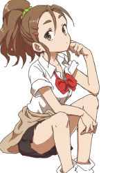 Rule 34 | 1girl, brown eyes, brown hair, clothes around waist, hair ornament, hairclip, highres, looking at viewer, original, ponytail, school uniform, scrunchie, simple background, sitting, skirt, socks, solo, white background, white socks, yamamoto souichirou