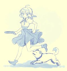 Rule 34 | 1girl, 87banana, ahoge, animal, artoria pendragon (all), artoria pendragon (fate), blouse, bow, dog, dress, fate/stay night, fate (series), hair bow, holding, holding plate, monochrome, plate, running, saber (fate), shirt, shoes, solo focus, white shirt
