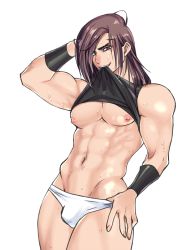 Rule 34 | 1boy, abs, blush, character request, clothes lift, copyright request, looking at viewer, male focus, muscular, naughty face, nipples, pectorals, shirt lift, solo, sweat, tokisige, underwear, undressing