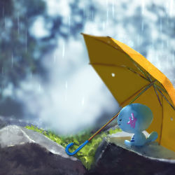 Rule 34 | blurry, blurry background, closed mouth, commentary request, creature, creatures (company), ekm, closed eyes, game freak, gen 2 pokemon, grass, nintendo, no humans, outdoors, pokemon, pokemon (creature), rain, rock, sitting, smile, solo, umbrella, wooper