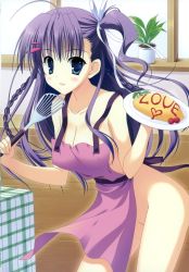 Rule 34 | 1girl, :d, absurdres, apron, blue eyes, breasts, cleavage, food, highres, naked apron, naruse mamoru, no bra, no panties, omelet, omurice, open mouth, plant, plate, potted plant, purple hair, smile, solo, spatula, table