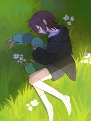 Rule 34 | 1boy, black hoodie, brown hair, chinese commentary, closed eyes, commentary request, grey shorts, highres, holding, holding stuffed toy, hood, hood down, hoodie, isoi haruki, lying, male focus, no shoes, on grass, on side, open mouth, saibou shinkyoku, shirt, short hair, shorts, socks, solo, stuffed animal, stuffed toy, white shirt, white socks, yuzi (wumingshi72987)