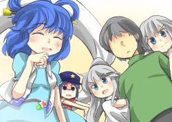 Rule 34 | 1boy, 4girls, ^ ^, arm hug, belt, black pants, blue eyes, blue hair, blush, check commentary, closed eyes, commentary request, dress, expressive clothes, faceless, faceless male, gaoo (frpjx283), glaring, gradient background, green shirt, grey hair, hair ornament, hairpin, hat, japanese clothes, jiangshi, jitome, kaku seiga, kariginu, konpaku youmu, looking at another, miyako yoshika, mononobe no futo, multiple girls, no eyes, no headwear, ofuda, open mouth, outstretched arms, pants, ponytail, rectangular mouth, shadow, shawl, shirt, short sleeves, simple background, standing, star (symbol), torn clothes, touhou, vest, white hair, zombie pose
