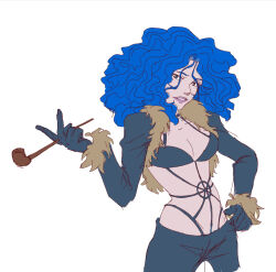 Rule 34 | 1girl, blue hair, commentary, cowboy shot, cropped jacket, curly hair, english commentary, fur-trimmed jacket, fur trim, gloves, hand on own hip, highres, holding, holding smoking pipe, jacket, long sleeves, looking at viewer, medium hair, o-ring, one piece, pants, paula (one piece), rocketspurs, simple background, smoking pipe, solo, white background