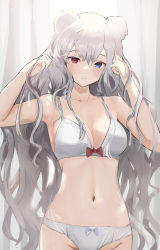 Rule 34 | 1girl, animal ears, arknights, armpits, arms up, bare arms, bare shoulders, bear ears, blue eyes, blush, bow, bow bra, bow panties, bra, breasts, cleavage, closed mouth, collarbone, cowboy shot, groin, hands in hair, heterochromia, highres, long hair, looking at viewer, medium breasts, navel, panties, purple bow, red bow, red eyes, rosa (arknights), silver hair, smile, solo, solokitsune, stomach, underwear, underwear only, very long hair, wavy hair, white bra, white panties